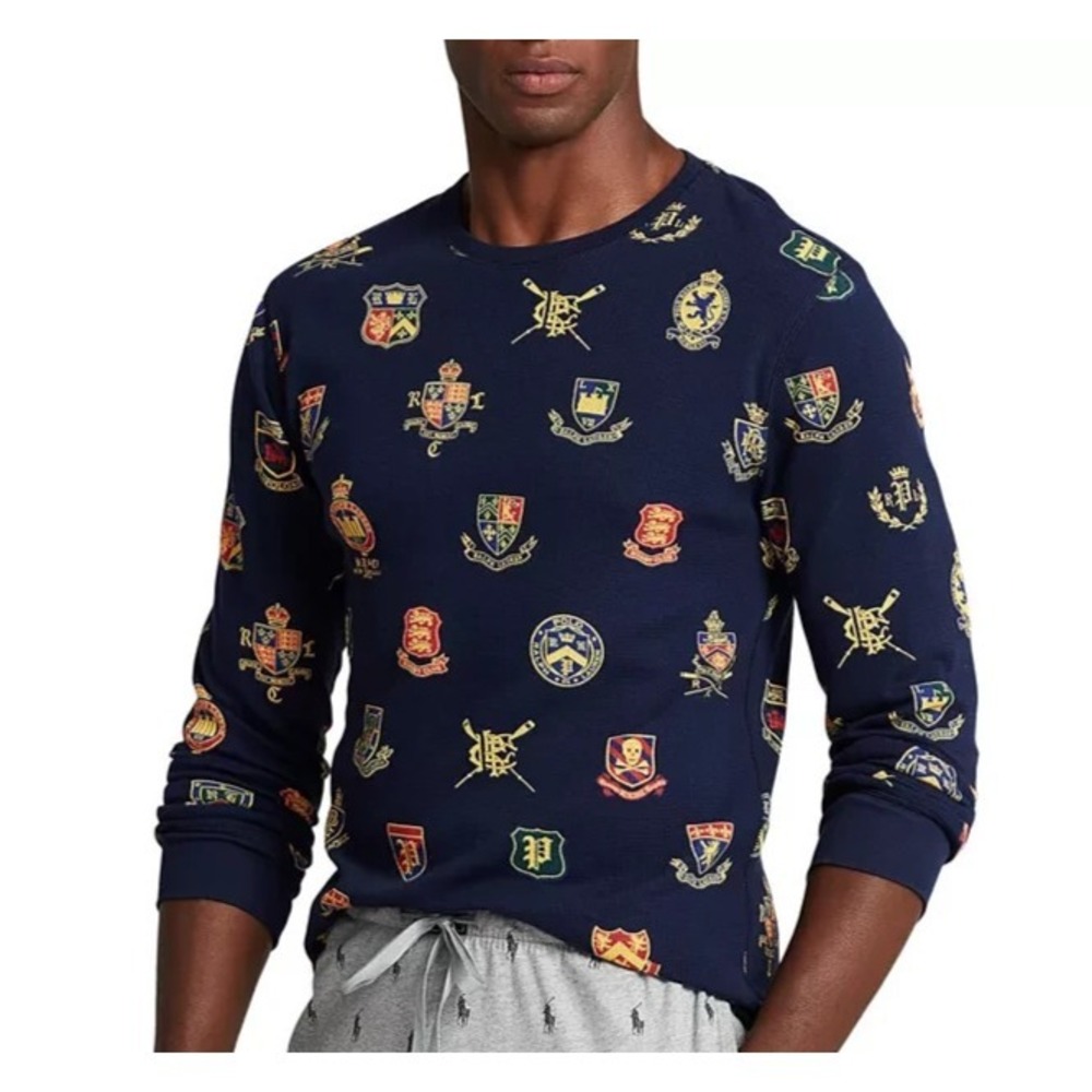 Polo Ralph Lauren Thermal Shirt Mens 2XL Herald Crest Patch Waffle Pajama Sleep
